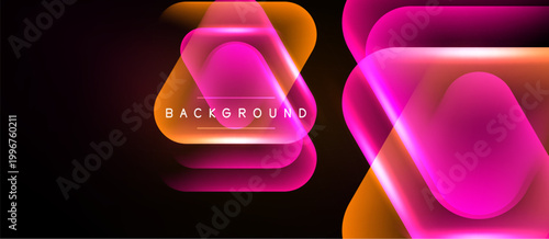 Abstract neon shapes overlap, creating vibrant pink, orange glow. Dark background emphasizes luminosity, modern design element.