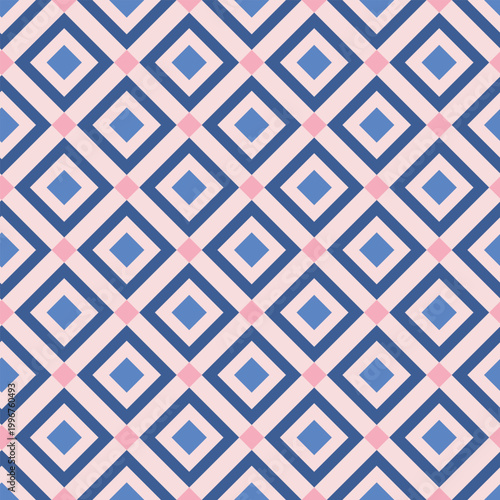 A vector seamless geometric pattern with blue and pink diamonds on a light pink background