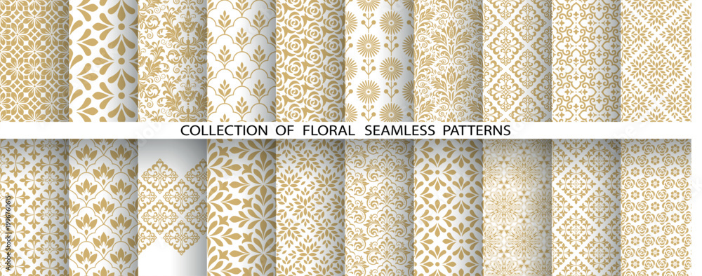 Fototapeta premium Geometric floral set of seamless patterns. White and golden vector backgrounds. Damask graphic ornaments