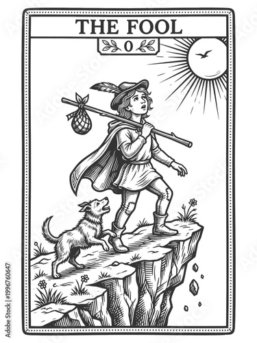 The Fool tarot card showing a carefree traveler with a dog near a cliff, symbolizing adventure, innocence, and new beginnings sketch engraving generative ai vector illustration. Black and white image.