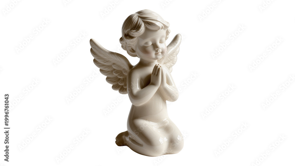 Fototapeta premium White ceramic cherub angel figurine with folded hands, isolated on transparent background