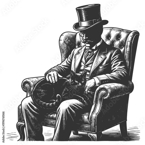 mysterious Victorian gentleman in a top hat sitting in an armchair, gently holding a black cat on his lap sketch engraving generative ai vector illustration. Scratch board imitation. Black and white.