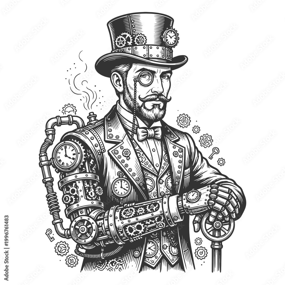 Fototapeta premium steampunk gentleman with a mechanical arm, monocle, gears, and clocks, blending Victorian fashion and machinery sketch engraving generative ai vector illustration. Scratch board. Black and white image