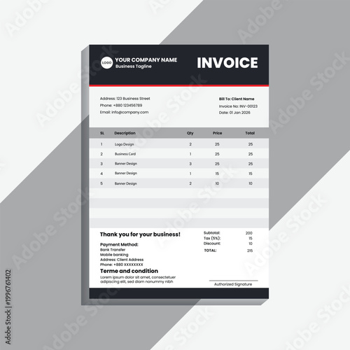 A modern and professional invoice template design featuring a clean layout, minimal typography, and corporate branding style. This design is ideal for businesses, freelancers, agencies, and startups l