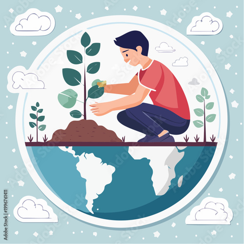 Person planting a tree on planet Earth, environmental concept