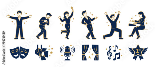 Performing Arts Icons Set, Professional Theater Actors and Musical Symbols for Stage Production, Talent Show, and Dramatic Entertainment Design, Vector Illustrations on White Background for Media Grap