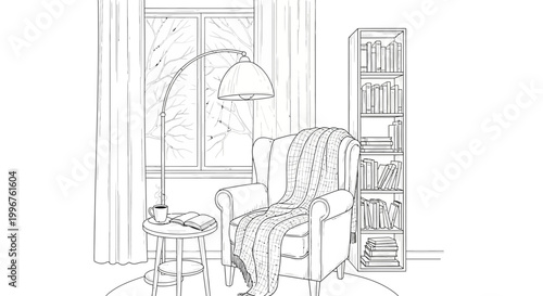 Cozy armchair with bookshelf and floor lamp line art sketch