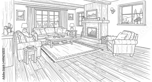 Cozy living room coloring page with fireplace and mountain view