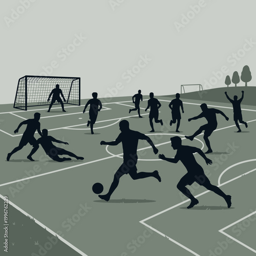 Silhouettes of soccer players in dynamic action on a field with goals, depicting a lively football match or practice session.