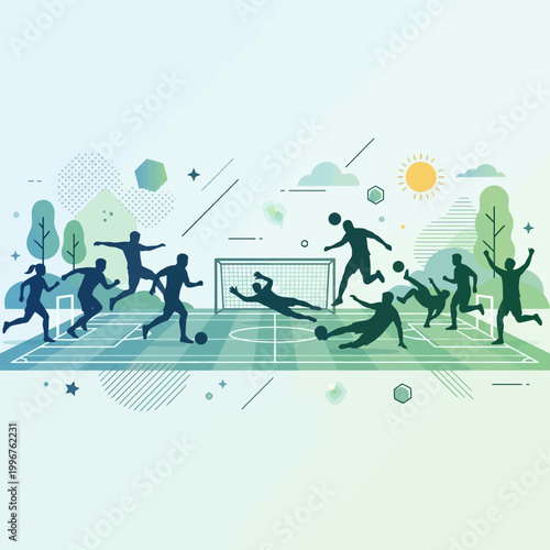 A vibrant illustration of a dynamic soccer match with multiple player silhouettes in action on a green field under a sunny sky.