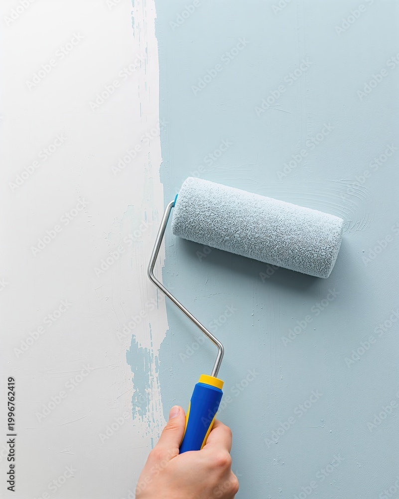 Obraz premium Step by Step Home Makeover Photography Showing a Person Rolling a Soft Blue Paint Tone Across an Interior House Wall 