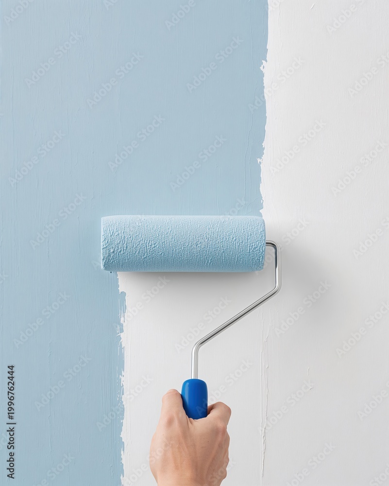 Obraz premium Interior Painting Project Photography Featuring a Close Up of a Paint Roller Applying Light Blue Paint to a Fresh White Wall 