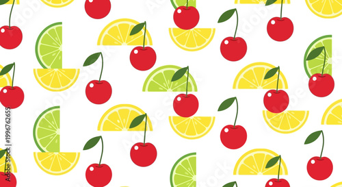 Vibrant illustration of cherries, lemon slices, and lime wedges on a white background for a refreshing fruit pattern.