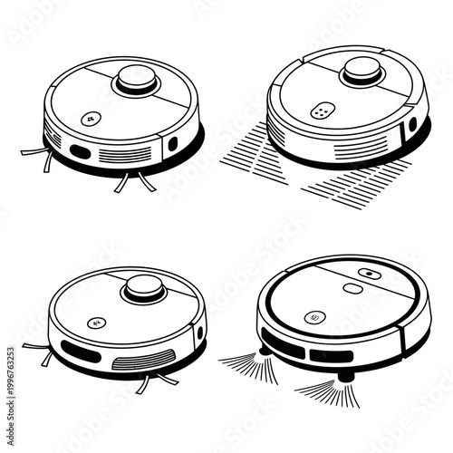 A robot vacuum cleaner in various positions and actions as a black and white illustration