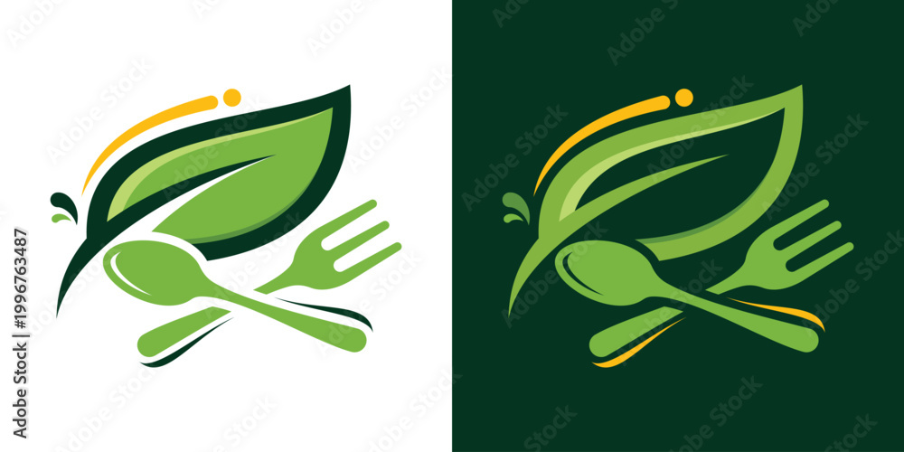 Fototapeta premium healthy food logo design with spoon and leaf elements