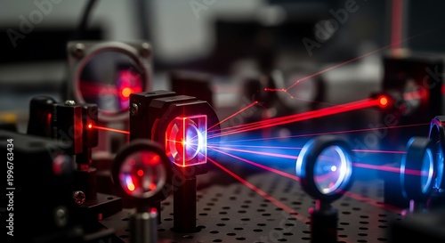 Laboratory laser optics setup with red and blue beams, vector illustration