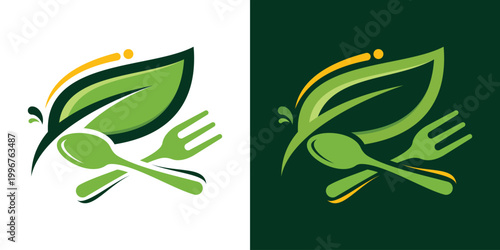  healthy food logo design with spoon and leaf elements