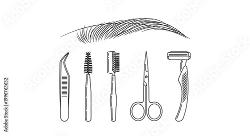 Eyebrow and beauty grooming tools set in line art style