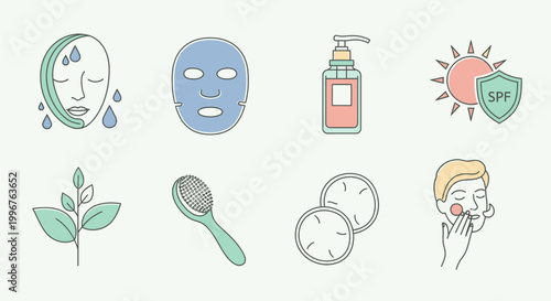 Facial care and cosmetic icons for daily beauty routine