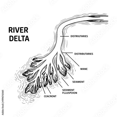River delta labeled diagram with distributaries and sediment