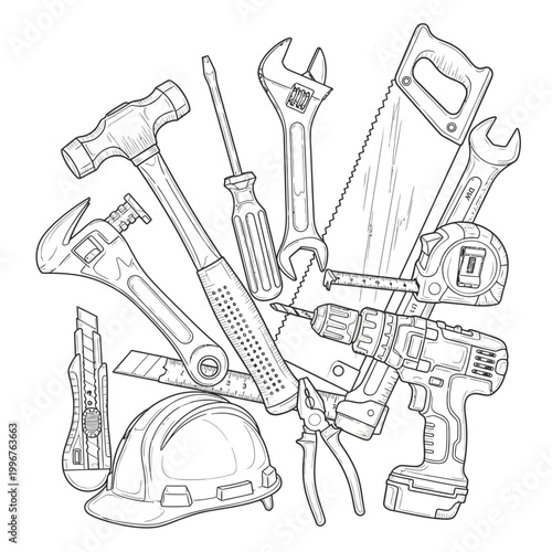 Construction tools and hard hat sketch for home improvement