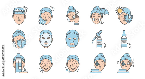 Facial skincare and beauty treatment icon set in blue