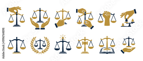 Scales of Justice Icon Set, Law and Legal Symbols with Human Hands, Flat Vector Collection for Court, Judgement, Fairness, Equality, Advocacy, Constitution, Lawyer Service, Trial and Policy Concept.