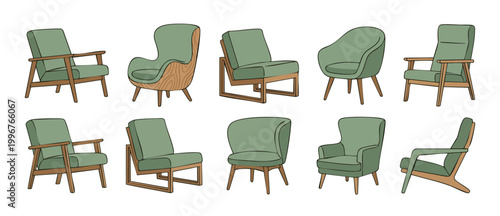 Modern Armchair Set Green Fabric Wood Furniture Collection Isolated Icons for Interior Design Projects Showing Various Mid-Century Scandinavian Style Lounge Chairs for Living Room and Home Office Deco