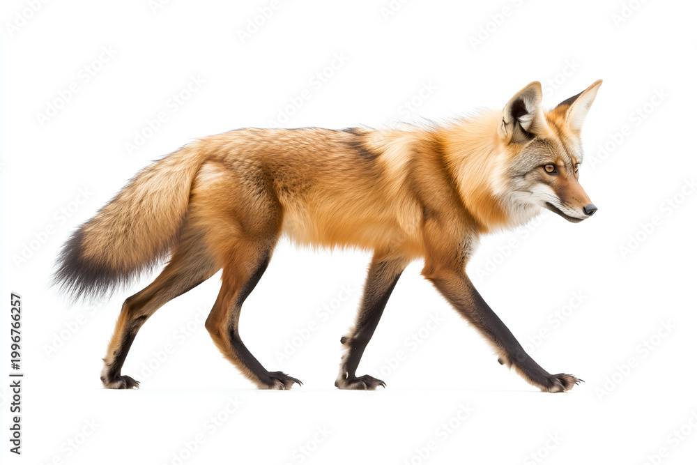 Fototapeta premium Red fox walking in profile isolated on a white background