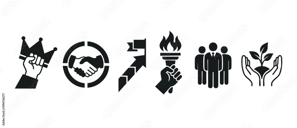 Obraz premium Business Success Icons Set Hand Drawn Flat Design Symbols for Leadership Growth and Partnership Achievement Concepts isolated on white background for Corporate Strategy and Professional Development Gr