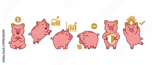 Piggy bank characters set for financial planning, investment growth, and savings concepts. Cute cartoon pigs showing currency, real estate insurance, market graphs, and banking success strategy icons.