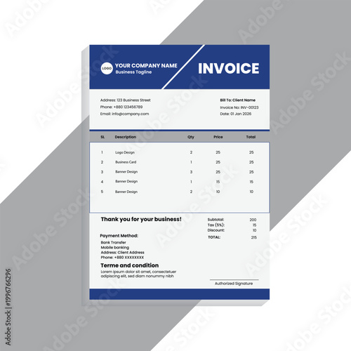 A modern and professional invoice template design featuring a clean layout, minimal typography, and corporate branding style. This design is ideal for businesses, freelancers, agencies, and startups l
