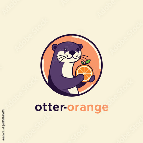 Cute Otter Holding A Fresh Orange Slice Logo Design.