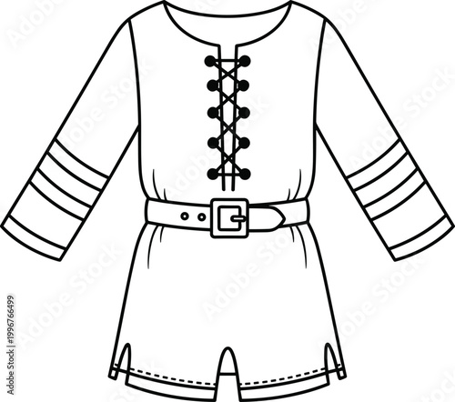 Medieval Renaissance Tunic Vector Technical Fashion Flat Sketch Illustration Featuring Lace Up Front Belted Waist and Long Sleeves for Costume Design