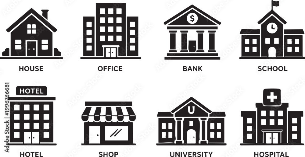 Fototapeta premium Building icon set. Containing house, office, bank, school, hotel, shop, university and hospital icons