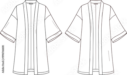 Oversize Women Robe Kimono Jacket Technical Drawing Fashion Illustration Flat Sketch Template Front and Back View Vector For Adobe Stock