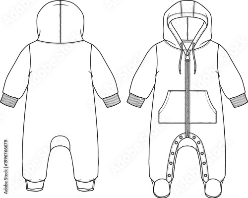 Technical fashion illustration of a baby hooded romper featuring front zipper kangaroo pocket ribbed cuffs and snap button leg closure.