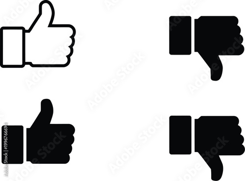 Vector Isolated Like and Dislike Hand Icons Black Outline and Fill Style Thumbs Up Thumbs Down Gesture Symbol Set