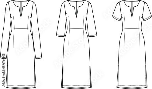 Women Midi Sheath Dress With Split Hem And V Neckline Technical Fashion Flat Sketch Illustration Set In Three Sleeve Lengths Vector