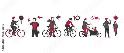 Bicycle safety instructions guide illustration for urban cycling commuters. Set of cycling icons featuring hand signals, helmet wearing, bike maintenance, cargo bike family safety and road traffic rul