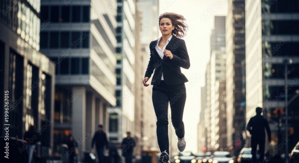 Fototapeta premium Determined Businesswoman Running in City Street Achieving Goals.