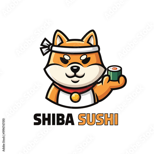 Cute Shiba Inu Chef Mascot Logo Design Holding Sushi Roll.