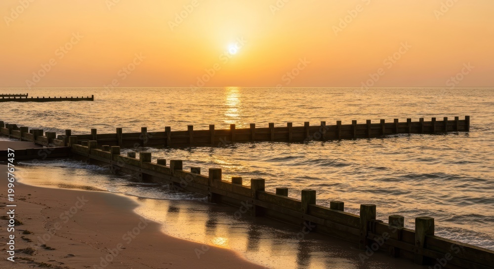 Obraz premium Golden Hour Serenity - Beach Groynes Reflecting Sunsets Warmth.