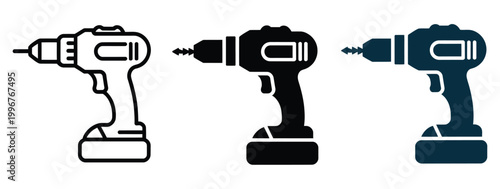 Three colorful drill icons on a clean white background, vibrant power tool vector illustration set for construction repair maintenance equipment branding hardware store graphics and industrial design 