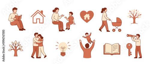 Family Lifestyle Icons Set, People Daily Activities and Home Symbols, Parenting and Education Flat Illustrations, Vector Graphic Collection for Web Design and Social Media Content in Minimalist Brown