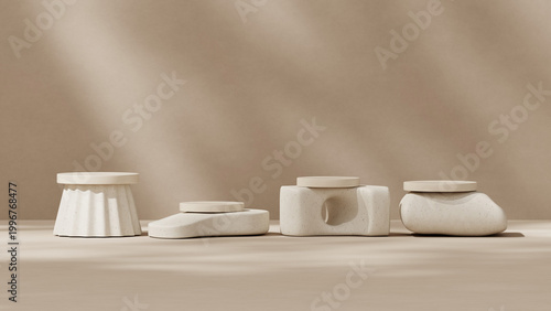 Neutral beige studio setup with four stone product podiums for cosmetic display, skincare mockup, branding presentation, and advertising background. Clean empty scene with soft natural light. 