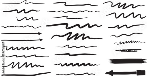 Ink Brush Paint Stroke, Line Set. Black Hand Drawn Brushes. Abstract Hand Made Highlighters, Underlines. Grunge Pen Marker