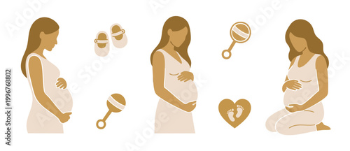 Pregnant woman icons set, maternity silhouettes with baby accessories, minimalist graphic design for pregnancy announcement, motherhood concept, collection of maternal health symbols in beige and brow