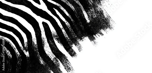 Monochrome abstract with zebra-like stripes in black across white background, textured brushstrokes