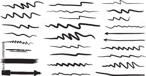 Ink Brush Paint Stroke, Line Set. Black Hand Drawn Brushes. Abstract Hand Made Highlighters, Underlines. Grunge Pen Marker